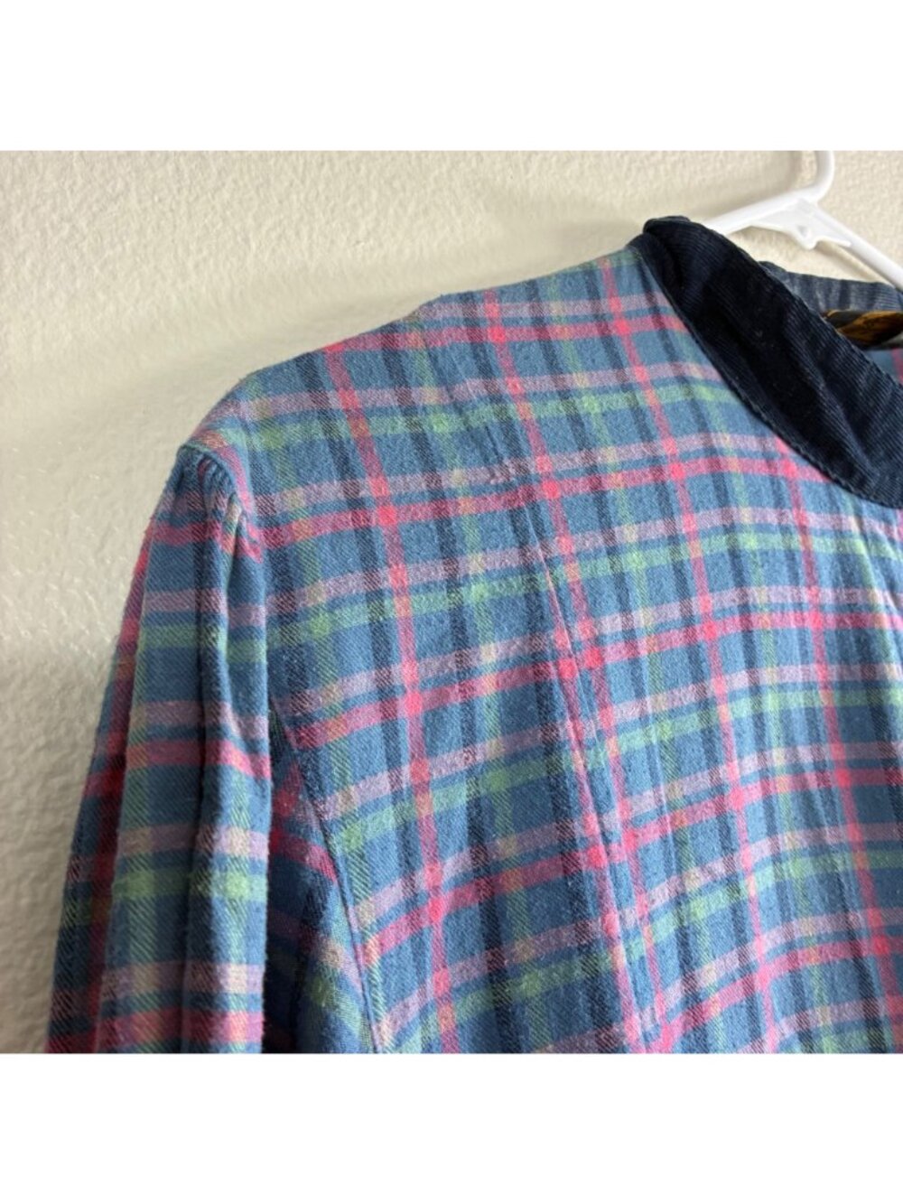 VTG 90s Eddie Bauer Flannel Dress L Blue Plaid Maxi Prairie Corduroy Grunge - Picture 4 of 10